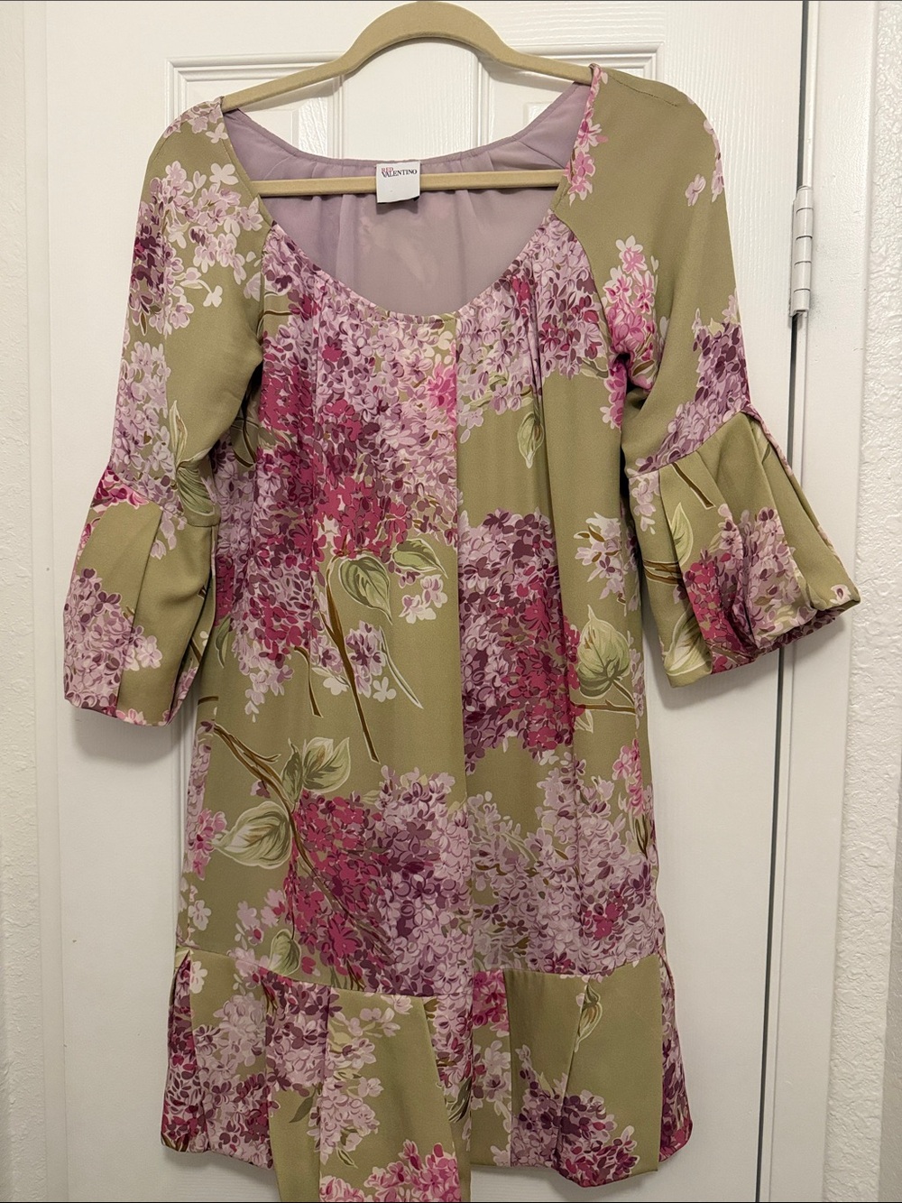 Red Valentino Silk Floral Dress in Olive Green and Pink